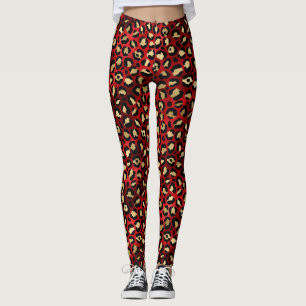 Stylish Scarlet Red and Gold Foil Leopard Spots Leggings