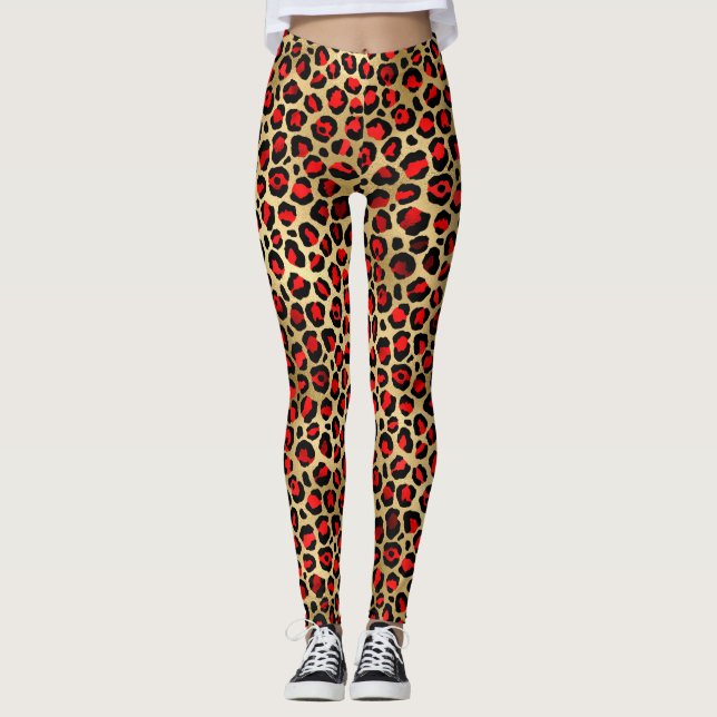 Stylish Scarlet Red and Gold Foil Leopard Spots Leggings (Front)