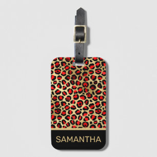 Stylish Scarlet Red and Gold Foil Leopard Spots Luggage Tag