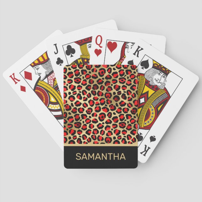 Stylish Scarlet Red and Gold Foil Leopard Spots Playing Cards (Back)