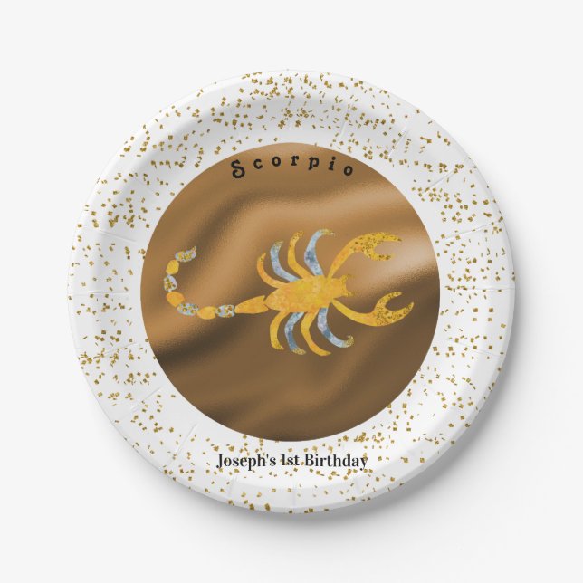 Stylish Scorpio 1st Birthday & Gold Confetti  Paper Plate (Front)