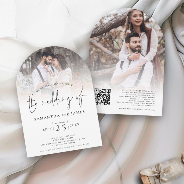 Stylish Script 2 Photos Overlay QR Code Wedding  Invitation (Front and back view)