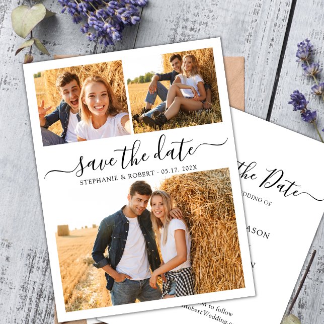Stylish Script 3 Photo Collage Wedding Save The Date (Creator Uploaded)