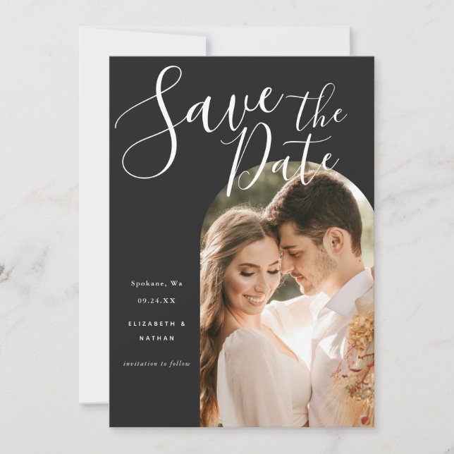 Stylish Script Arch Frame Photo  Save The Date (Front)