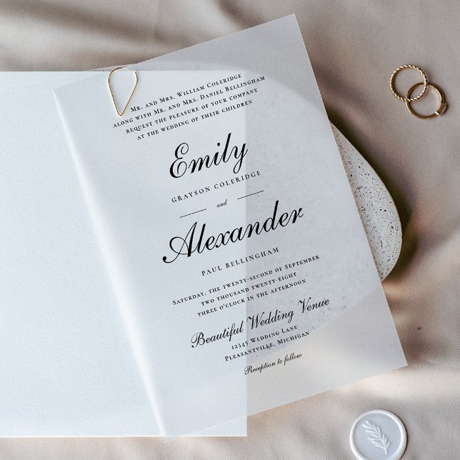 Stylish Script Black White Wedding Vellum Invitations (Creator Uploaded)