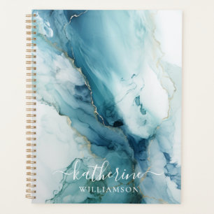 Stylish Script Blue&Gold Marble Custom Name Planner