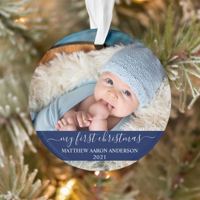 Stylish Script Blue My First Christmas Baby Ornament (Tree)