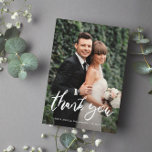 Stylish script bride & groom photo overlay wedding thank you card<br><div class="desc">a wedding photo card with a wonderful image of newly weds and text that can be personalized along with the bride and groom's image and back color.</div>