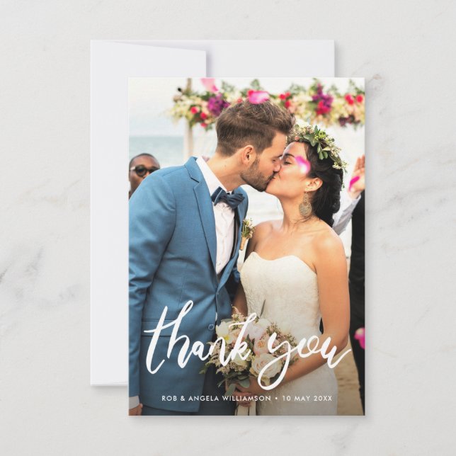 Stylish script bride & groom wedding thank you card (Front)