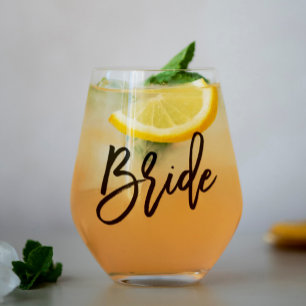 Stylish Script "Bride" Personalised Stemless Wine Glass