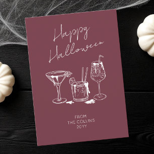 Stylish Script Burgundy Cocktails Happy Halloween Holiday Card