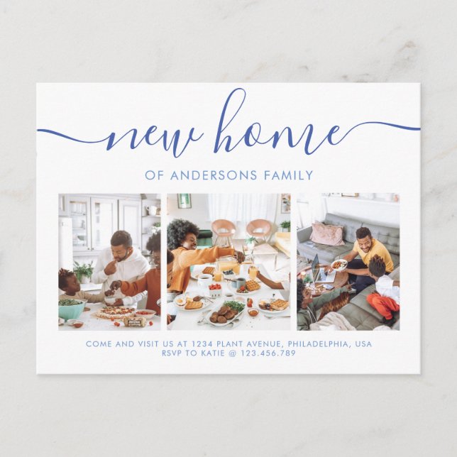 Stylish Script Calligraphy 3 Photo New Home Moving Announcement Postcard (Front)