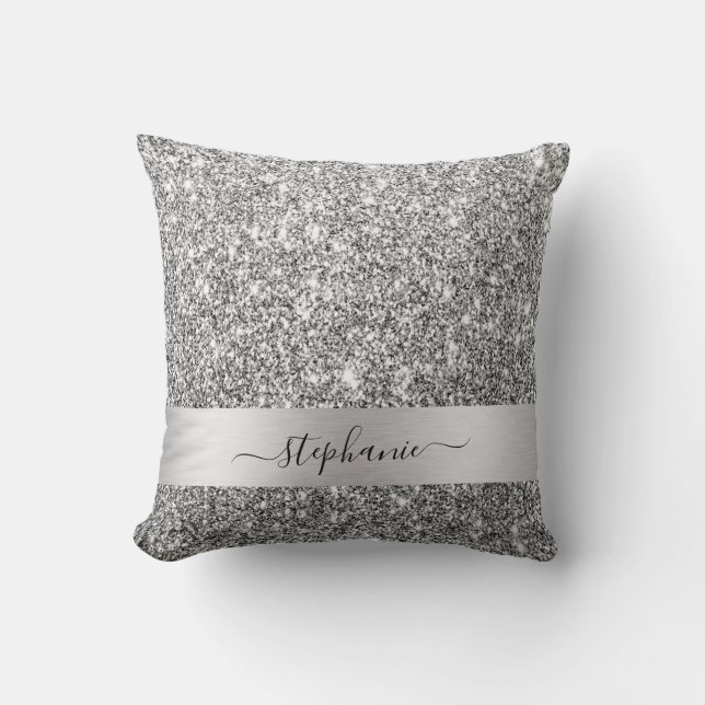 Stylish Script Custom Name  Silver Glitter Luxury Cushion (Front)
