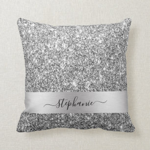 Stylish Script Custom Name  Silver Glitter Luxury Cushion
