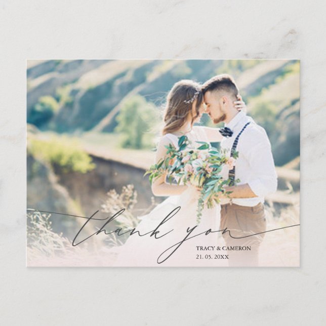 Stylish Script Custom Photo Wedding Thank You Postcard (Front)