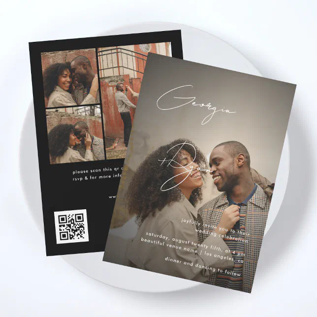 Stylish Script & Dark Fade Photo QR Code Wedding Invitation | Zazzle