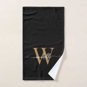 Stylish Script Elegant Black Gold Monogram Name  Hand Towel