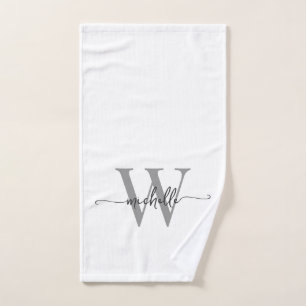 Stylish Script Elegant White Grey Monogram Name Hand Towel
