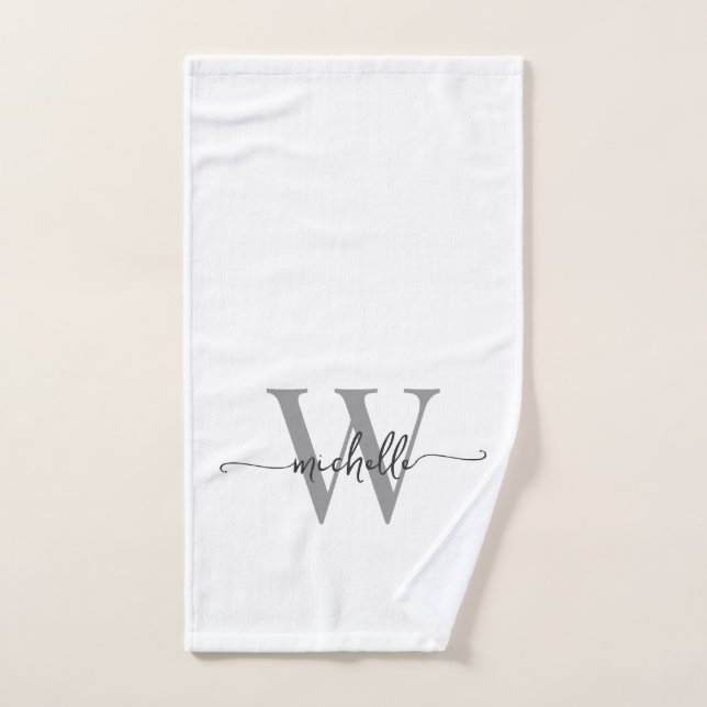 Stylish Script Elegant White Grey Monogram Name Hand Towel (Hand Towel)