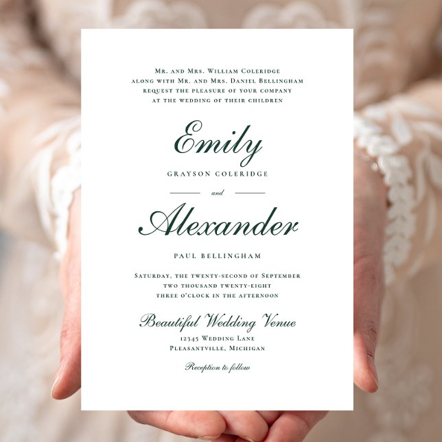 Stylish Script Emerald Green White Wedding Invitation (Creator Uploaded)