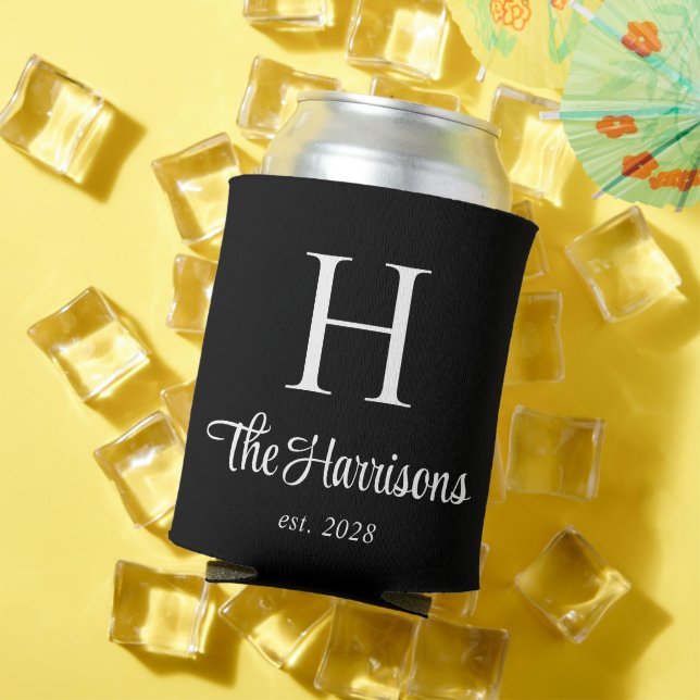 Stylish Script Family Monogram Black Can Cooler (In Situ Summer)