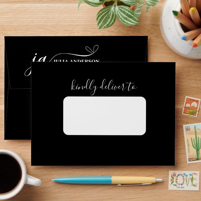 Stylish Script Font Monogram Black Envelope (Desk)