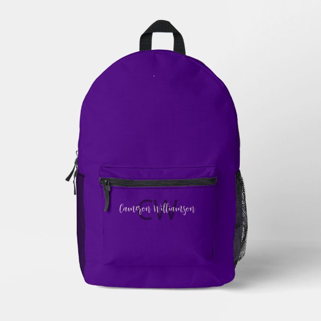 Stylish Script Font Name & Initials Indigo Purple Printed Backpack (Front)