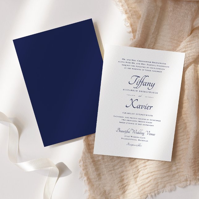 Stylish Script Formal Navy Blue Wedding Invitation (Creator Uploaded)