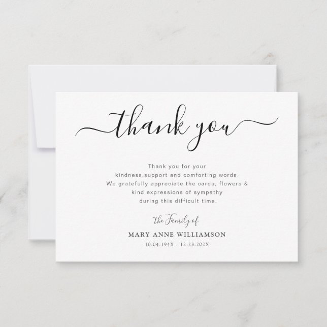 Stylish script funeral thank you note (Front)