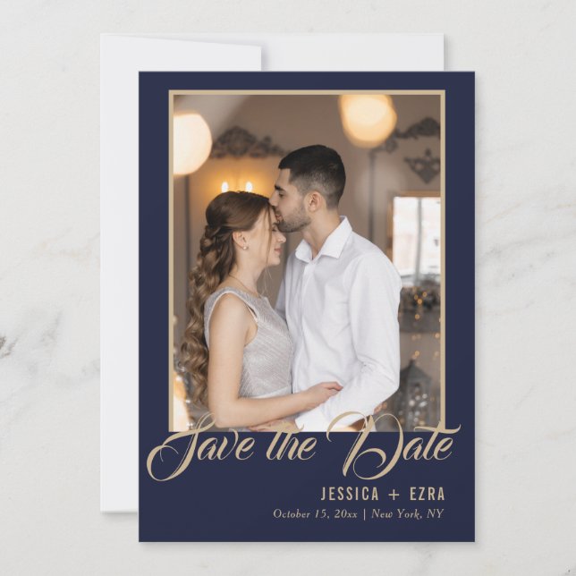Stylish Script Gold and Blue | Photo Save The Date (Front)