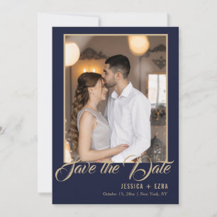 Stylish Script Gold and Blue   Photo Save The Date