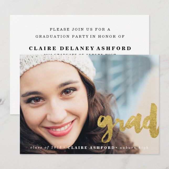 Stylish Script Gold Graduation Photo Invitation (Front/Back)