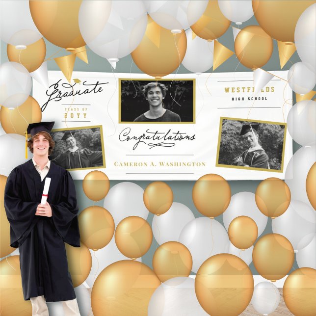 Stylish Script Graduate 3 Photo Graduation Party Banner (Stylish Handwriting Script Graduate 3 Photo Graduation Party Banner @ www.zazzle.com/color_therapy)
