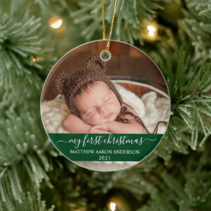 Stylish Script Green My First Christmas Baby Ceramic Tree Decoration