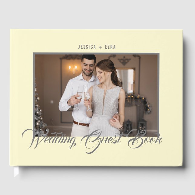 Stylish Script Grey and Soft Yellow | Photo Guest Book (Front)