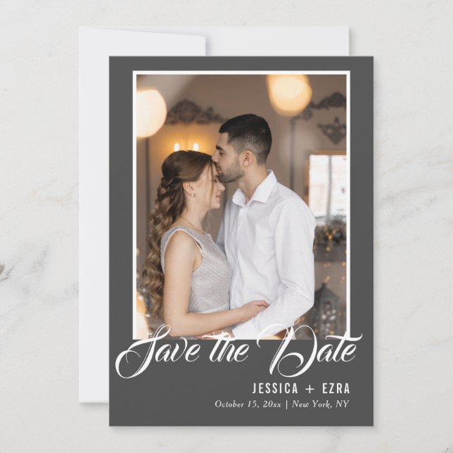 Stylish Script Grey and White | Photo Save The Date (Front)