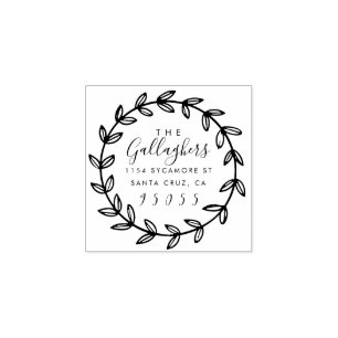 Stylish Script & Hand Drawn Wreath Return Address Rubber Stamp