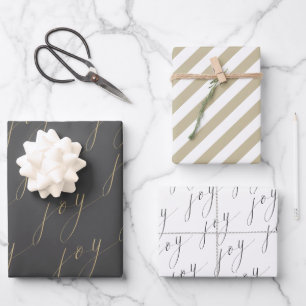 Stylish Script Joy Black Gold White Holiday Wrapping Paper Sheet