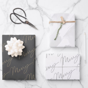 Stylish Script Merry & Watercolor Grey Wrapping Paper Sheet