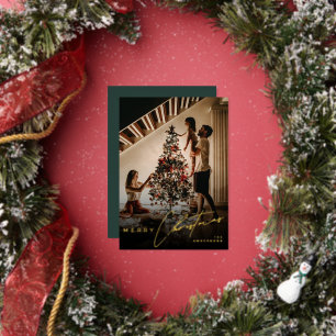 Stylish Script Minimalist 1 Photo Green Christmas Foil Holiday Card