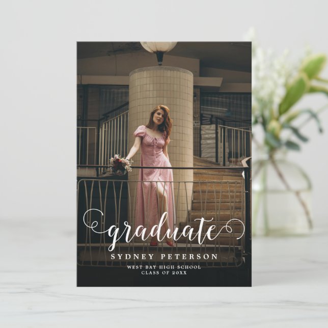 Stylish Script Modern 3 Photo Graduation Party Invitation (Standing Front)