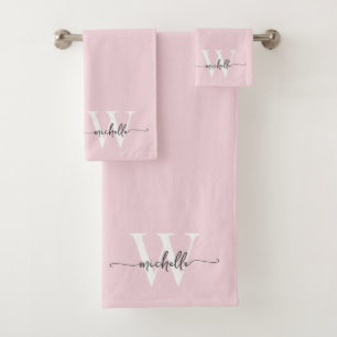 Stylish Script Modern Blush Pink Monogram Name Bath Towel Set