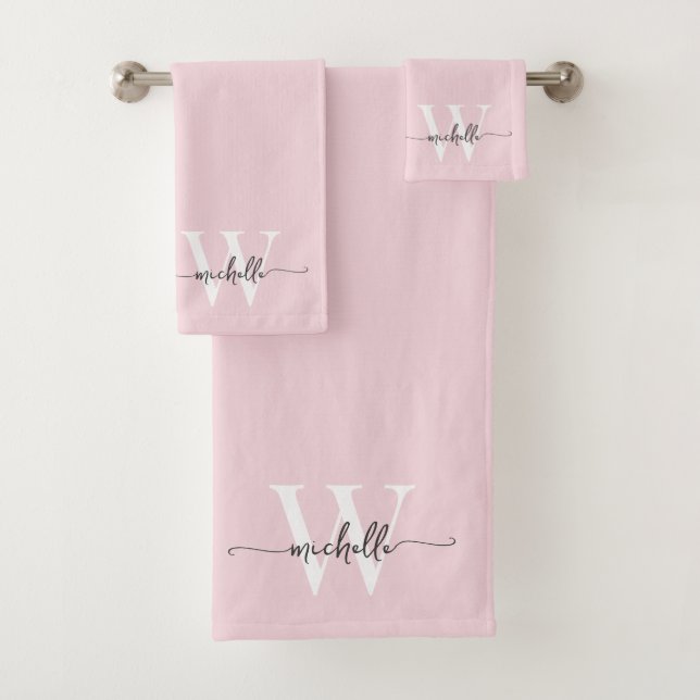 Stylish Script Modern Blush Pink Monogram Name Bath Towel Set (Insitu)