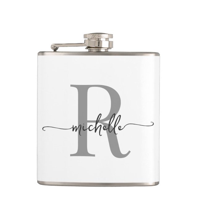 Stylish Script Modern White Grey Monogram Name Hip Flask (Front)