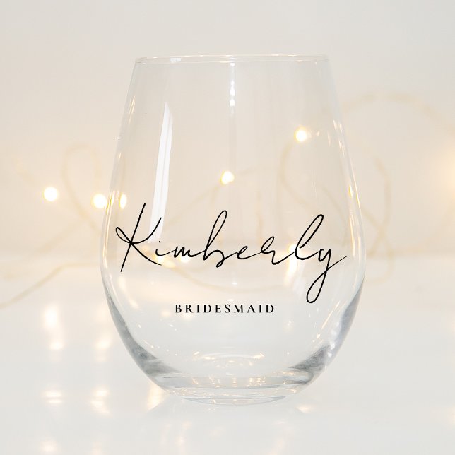 Stylish Script Monogram Bridesmaid Wedding Stemless Wine Glass (Creator Uploaded)