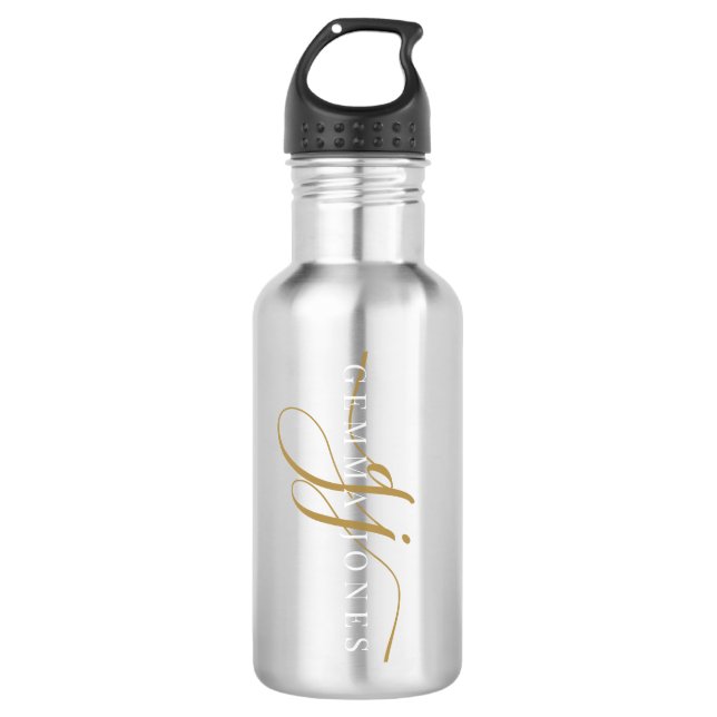Stylish Script Monogram Initials Gold Black 710 Ml Water Bottle (Front)