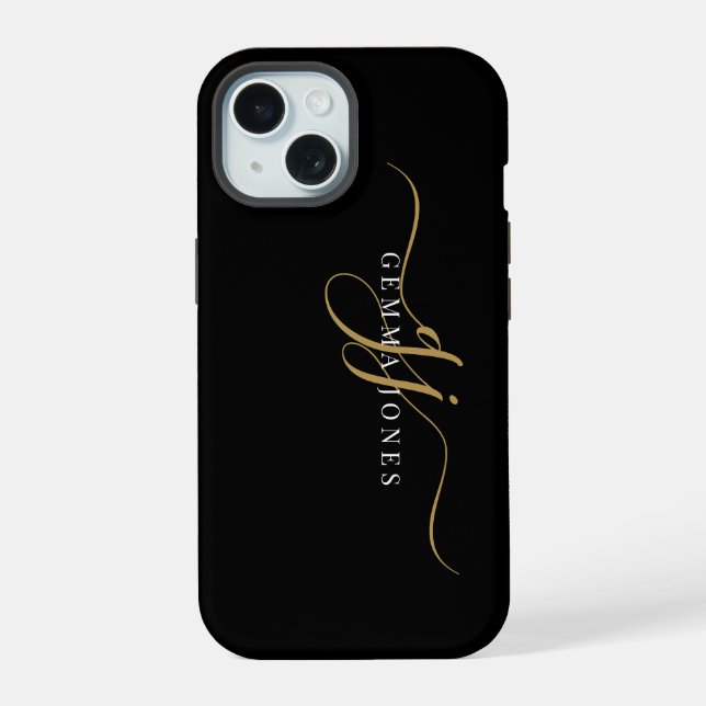 Stylish Script Monogram Initials Gold Black iPhone 15 Case (Back)