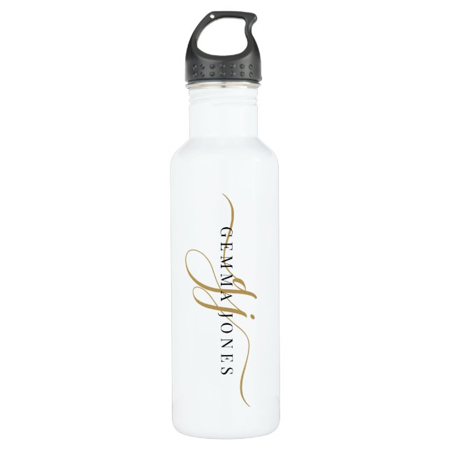 Stylish Script Monogram Initials Gold White 710 Ml Water Bottle (Front)
