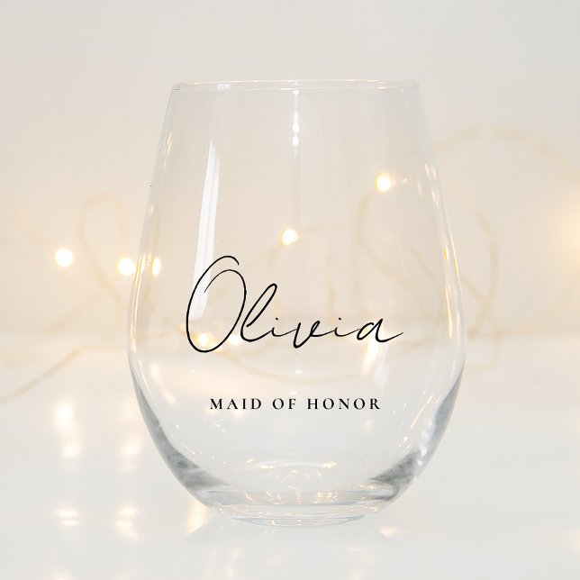 Stylish Script Monogram Maid Of Honour Wedding Stemless Wine Glass (Creator Uploaded)