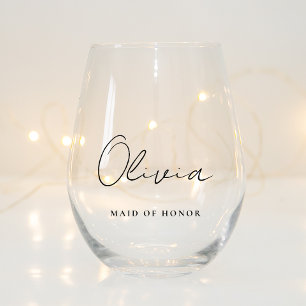 Stylish Script Monogram Maid Of Honour Wedding Stemless Wine Glass